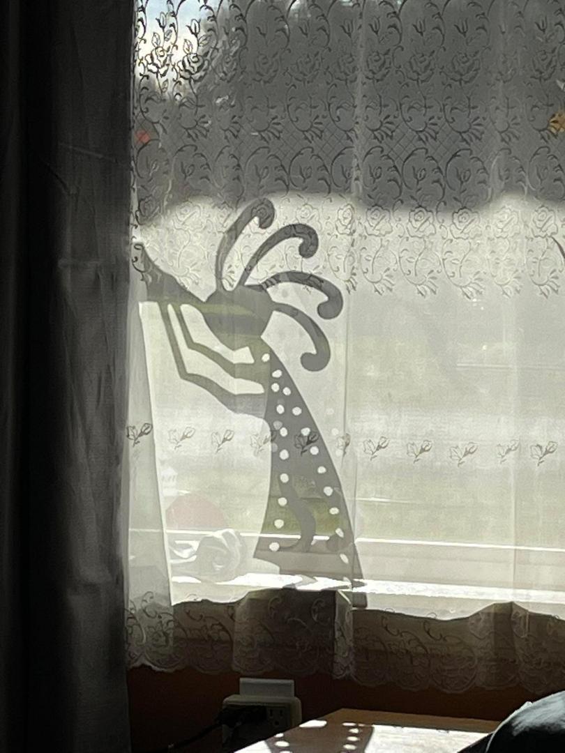 My friend from the desert peeking in my window. Kokopelli at the beach!