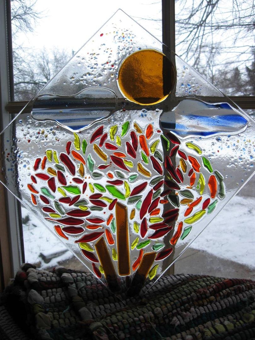 A fused glass piece made for Mary at Glassworks by Kim.