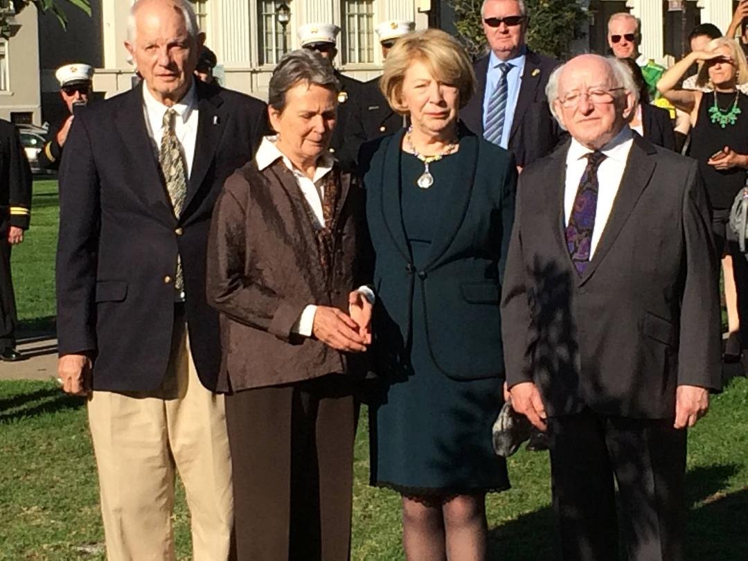 Irish President Michael Higgins in Berkeley to plant a tree in memory of the 6 students killed in the balcony collapse. Mayor Tom Bates and their wives in the photo also.