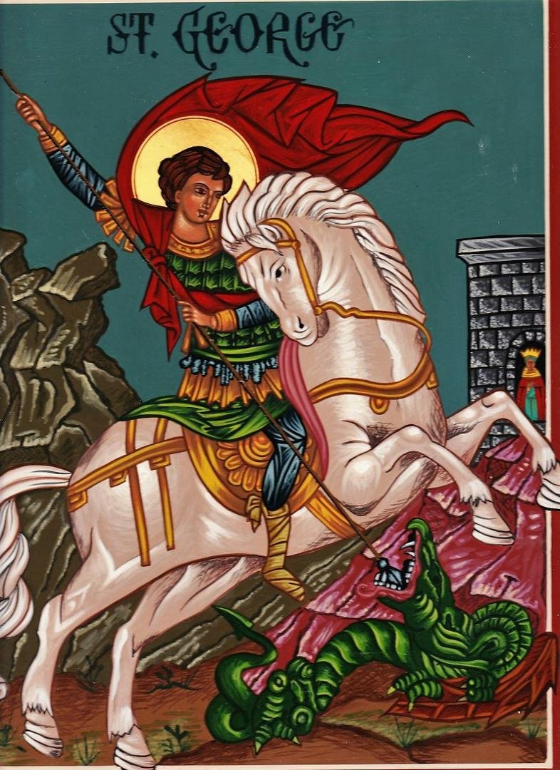 I painted this icon some years ago

April 22
In the Antiochian tradition because the feast of St. George falls on a weekday we transfer it to the previous Sunday.
 Holy Glorious Great-martyr, Victory-bearer and Wonderworker