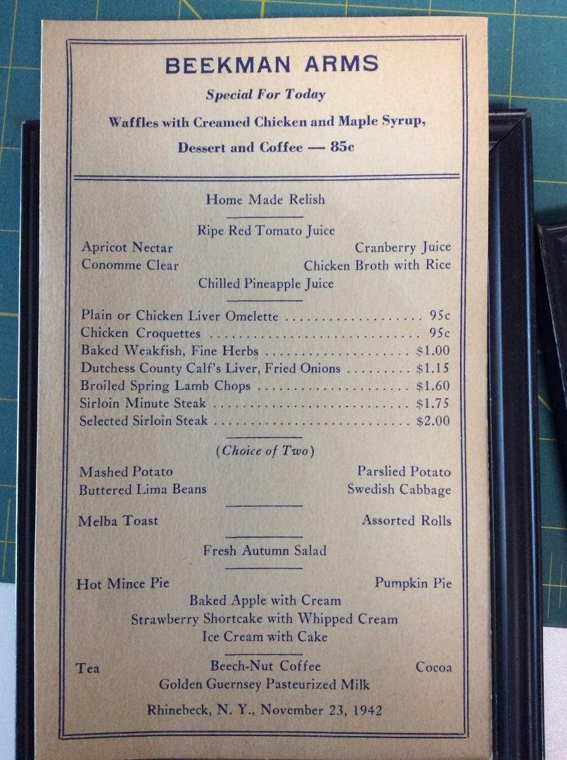 Old menu from Beekman Arms courtesy of Jim Hicks .