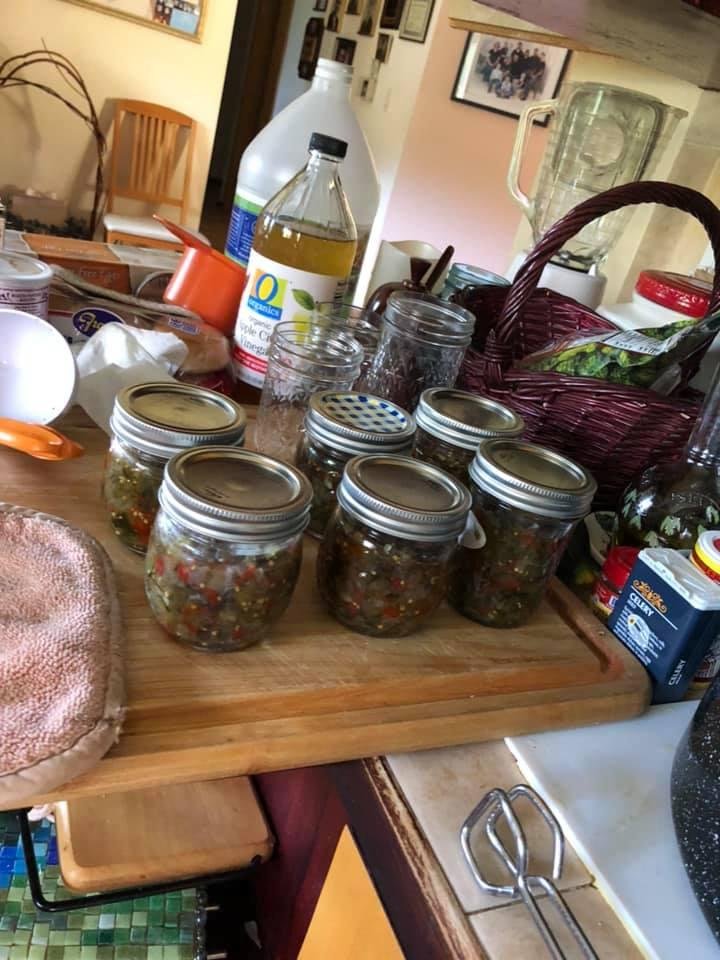 Oh how I suffer.  Sharon is completing her third batch of relish this week. Fresh out of the kettle.