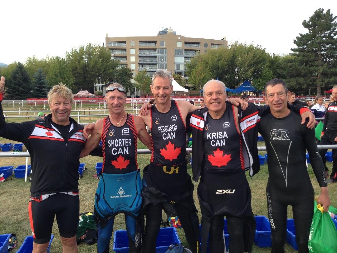 Minutes with traiining buddies before the race at the World Triathlon Multisport Championships in Penticton, BC