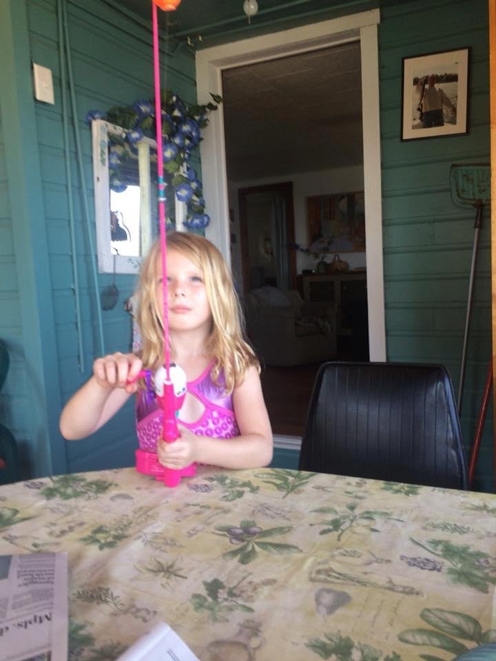 Thank you want to be in the trenches here is Allie and her new Barbie fishing pole she’s so happy
