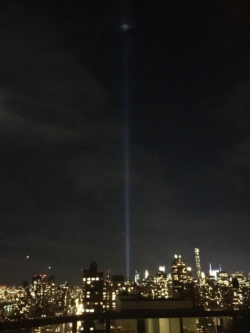 This is quite a site tonight in New York City two beams of light shinning up into the heavens. Remembering 9/11. May God Bless us All!