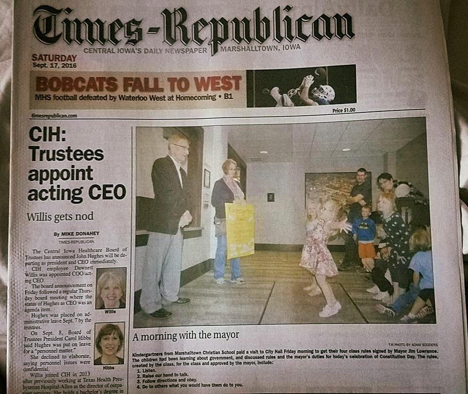 Shylee and her friend Myla standing out in front of the classmates while visiting the Mayor Jim Lowrance. On the front page of the Marshalltown Times Republican Saturday 9-17-16.