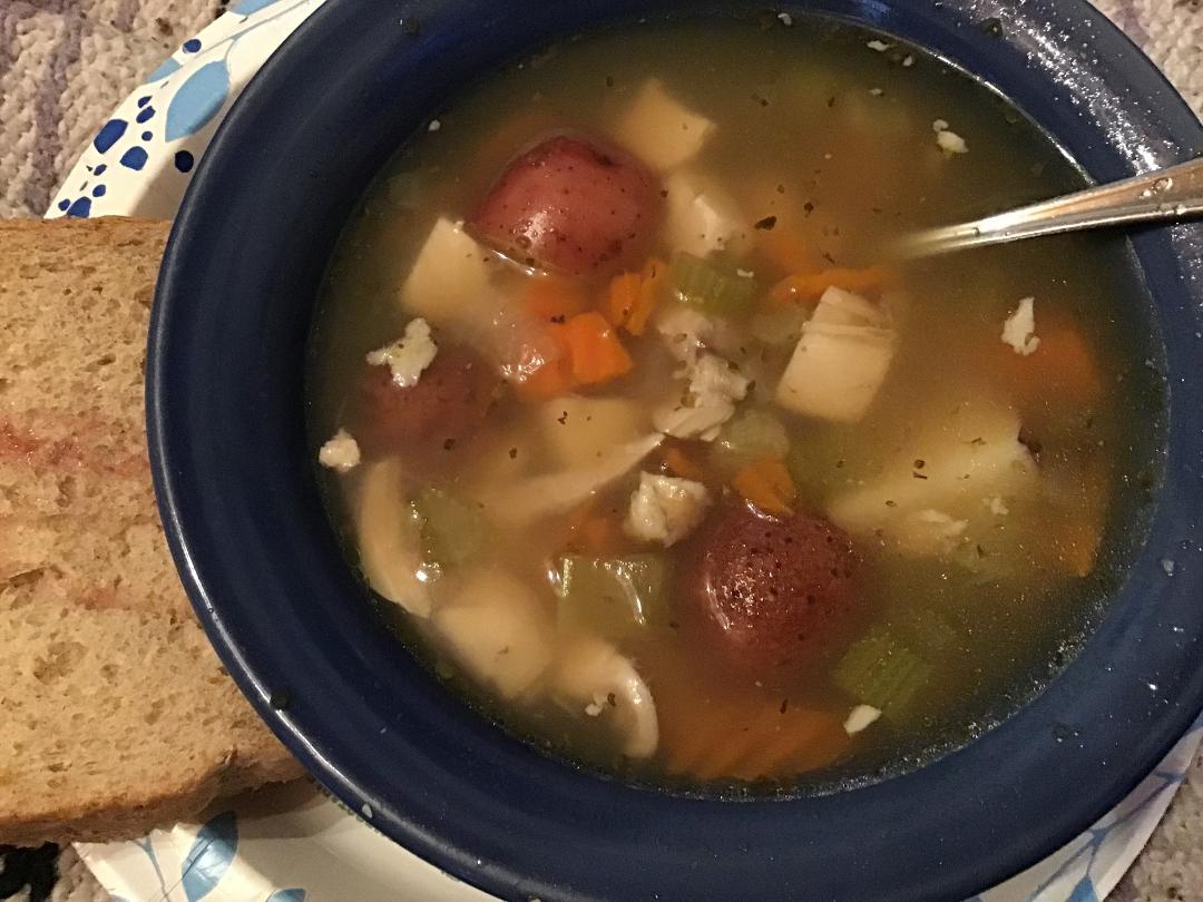 Homemade ckn veggie soup, and PBJ Sammy!