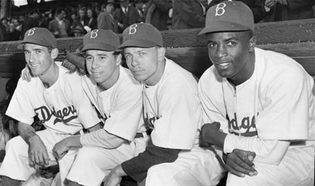 Dodger greats in Brooklyn. Jackie Robinson, Pee Wee Reese, Ed Stanky and John Jorgensen late 1940s