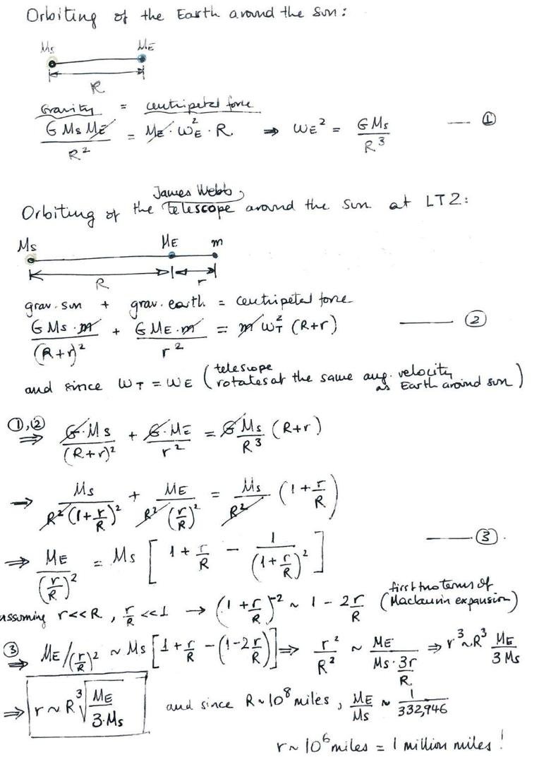 POP-QUIZE time - who can spot the ERROR in this set of equations? ... it proports to be a mathematical determination of the distance of the final orbit of the James Webb Telescope from the earth ... hint - Lagrange Point (L