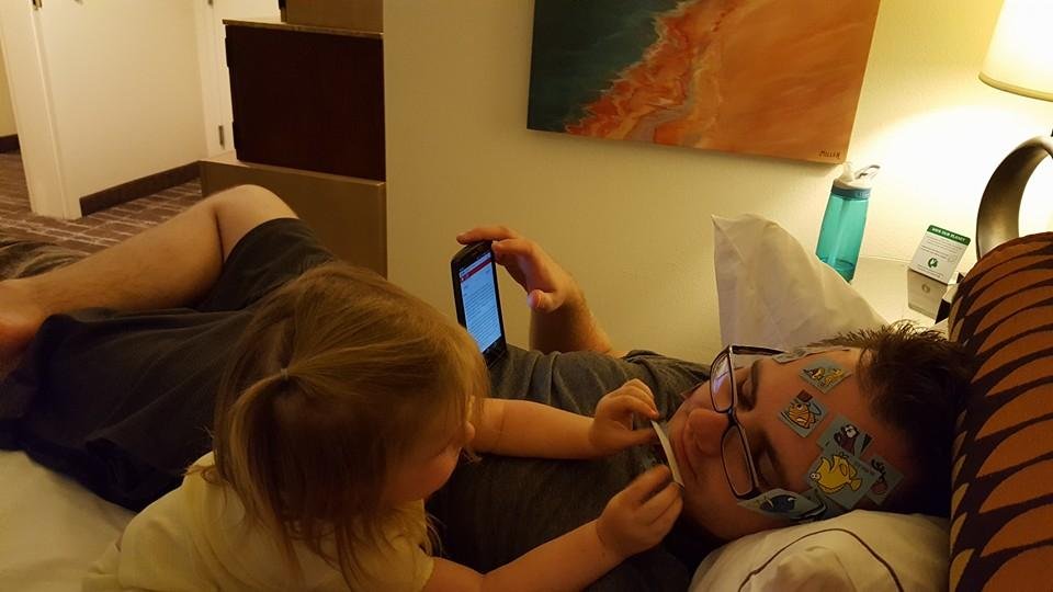 Before bedtime shenanigans with Evelyn...she put all of her stickers on her daddy's face. So funny!
