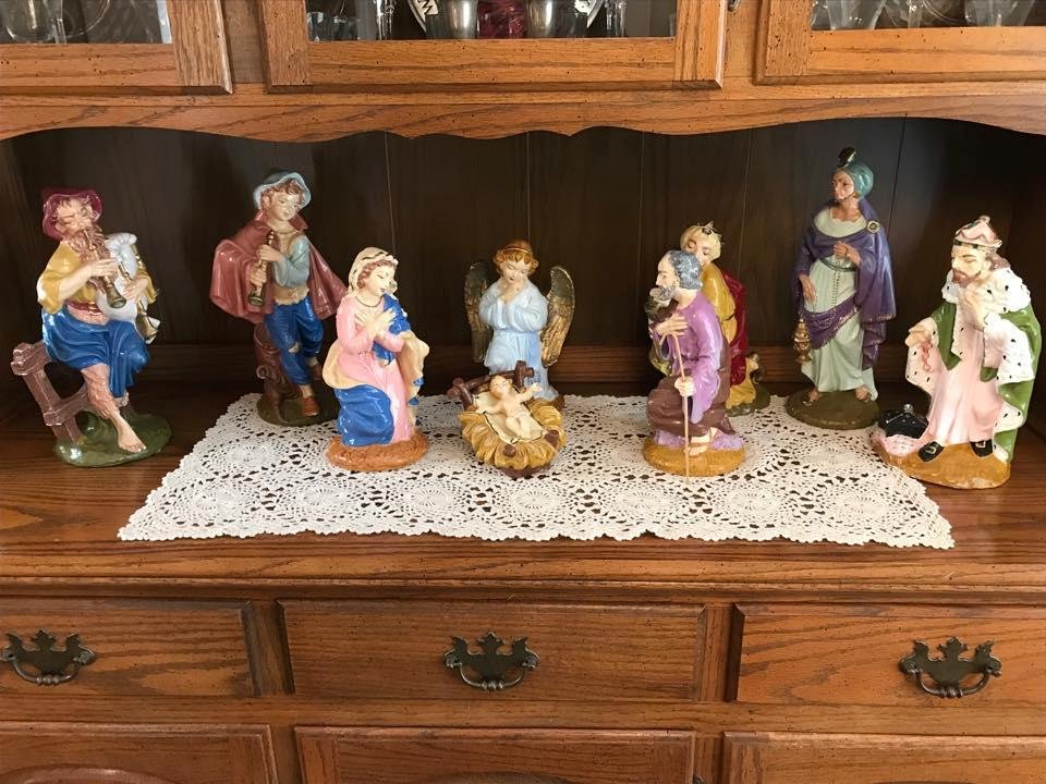 This has become my favorite part of setting up for Christmas. Painted in 1960 by my Mom and brother.