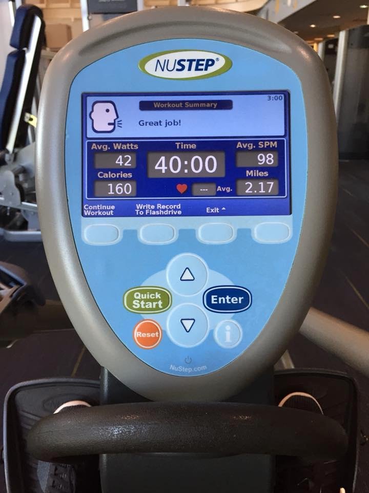 August 3, 2018 Workout #2 7:40am

Hip adductor 85lbs lb 5 sets of 10
Hip Abductor 75lbs 5sets of 10
Leg Press 100lbs 8sets of 10
Tricep Press 30lbs 5x10

NuStep 40:00 Min, 160 calories burned, 2:17 miles

SciFit