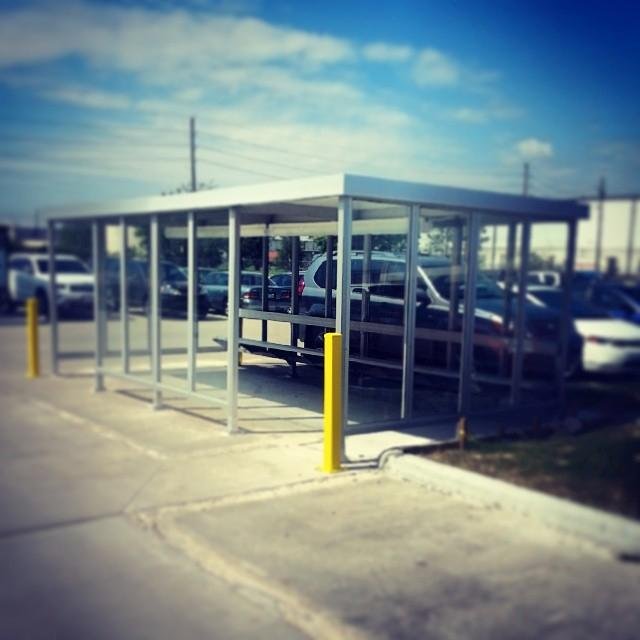 Prefabricated bus shelter designed installed for Academy Sports & Outdoors distribution center in Houston Tx. For a free prefab bus shelter quote call (832) 427-5506