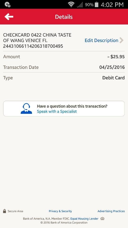 So leah got Chinese takeout last Friday in Venice after volleyball practice. We have never eaten there before and said it tasted weird. After seeing this transaction record on my bank statement I have no doubt that it had a