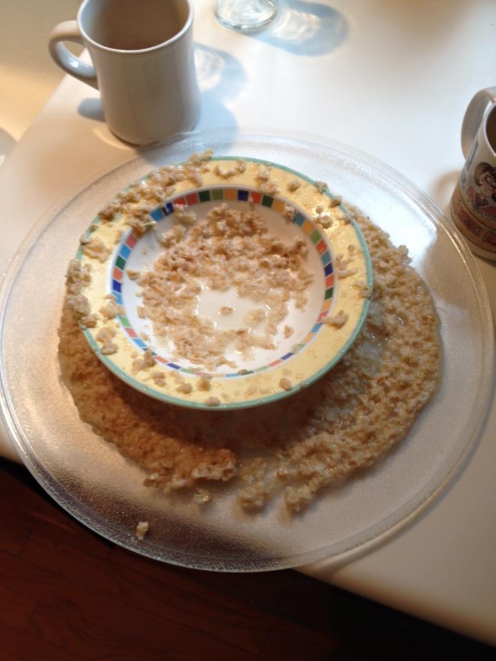 This is just my luck. All I wanted for breakfast was oatmeal. I put it in the microwave and it all boiled out of the bowl😢