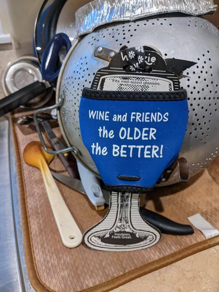 Jess, your mom sent me this insulting wine glass holder years ago. It lives proudly on my kitchen counter.