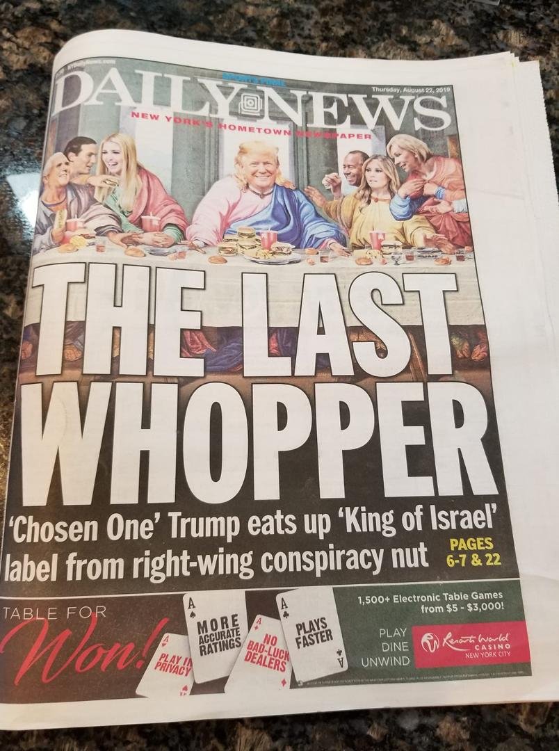 This morning's paper at my favorite breakfast place. You've got to love the Daily News!