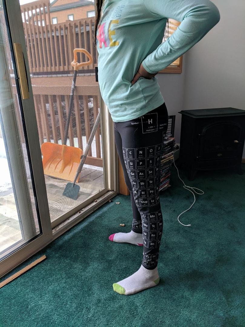 Nevaeh's new tights. Periodic chart of the leggings. Jennifer Lee you need these. Bob Dias not so much.