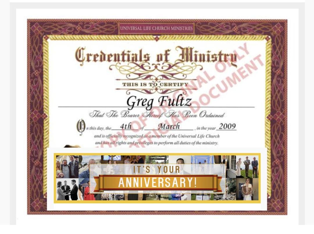 "A milestone worth celebrating: it’s now been 15 years since you officially became an ordained minister!
We raise a virtual glass to this exciting occasion!"
In peace,
Sister Bonnie
🙏