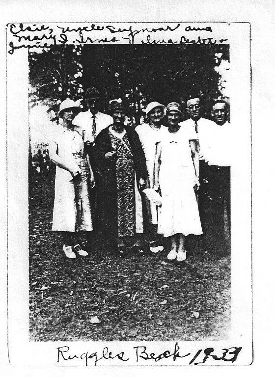 1933 Ruggles Beach. Elisie?, Uncle Seymour Iden, Aunt Mary Iden, Irma?, Thelma?, Lester?, Jimmie?