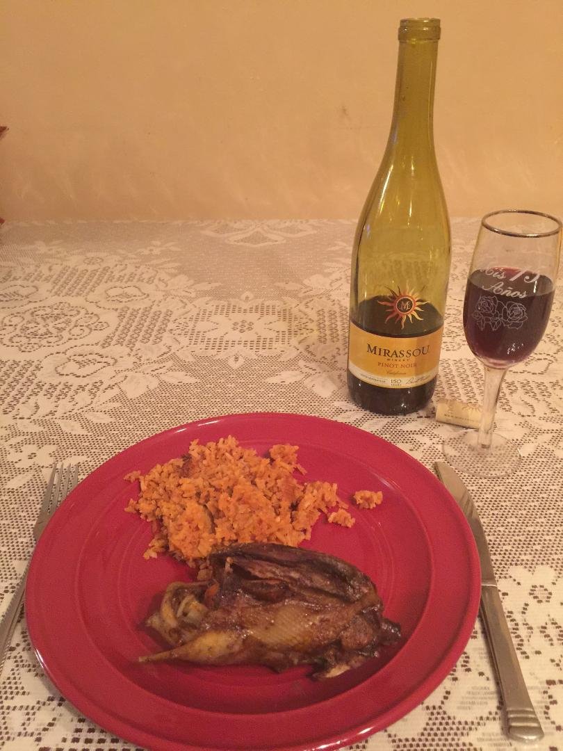 Roasted wild duck with homemade Mexican rice & northern Calif Pinot Noir. To all that asked if I eat what I kill. You bet!