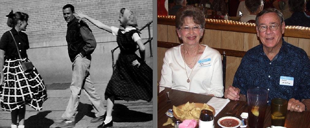 A memory of our J.S. Hogg PE and football coach George McMillion during 1957-58. George attended several Hogg Get-Togethers and enjoyed it each time. The image on the left shows George on the Hogg blacktop with a couple of