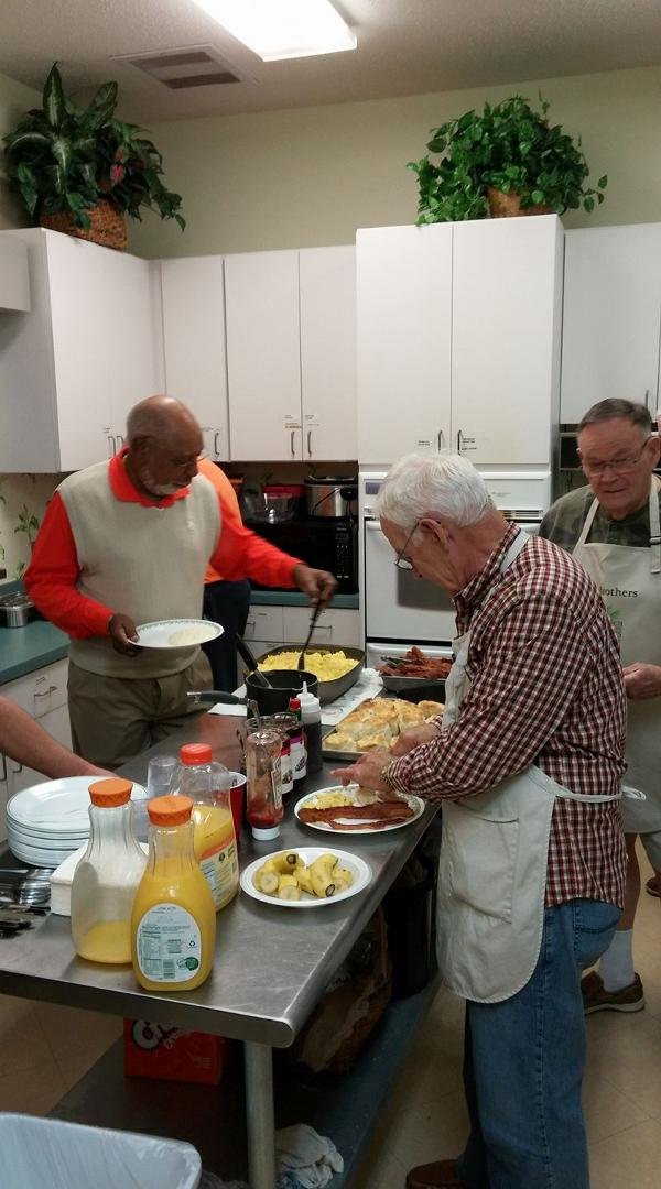 The Brothers starting to chow down. Grits (the only recipe I will eat); scrambled eggs; bacon; biscuits; jam & jelly; bananas; juice & coffee. Thanks Bill, Mark,  Phil & Pastor Pete. Then Bible study. 27 attendees today. So
