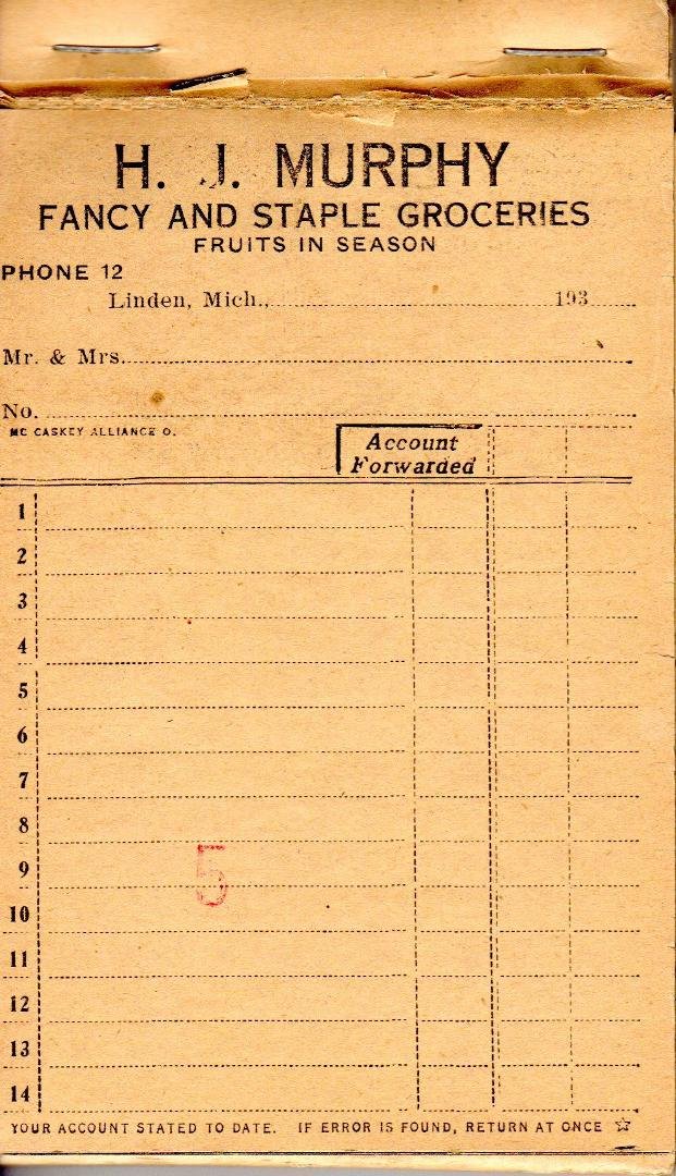 A page from an order book from my grandfather's grocery store.  We used to play with these when we were kids.  Sadly, I only have one book left.