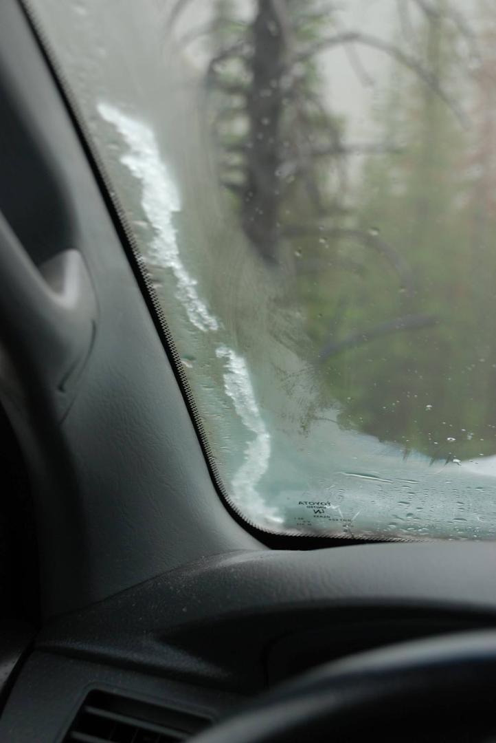 That's snow on our windshield on 7/27/2015 on the Magruder Corridor, Idaho between the Selway-Bitterroot Wilderness and Frank Church River of No Return Wilderness. 36 degrees that day, and we returned through Lewiston, Ida