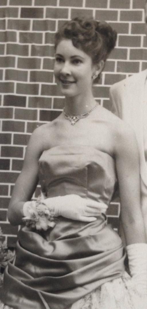Seventeen year-old Alice at the Reseda HS Prom, 1959, in a dress she made. Too bad it's not in color.