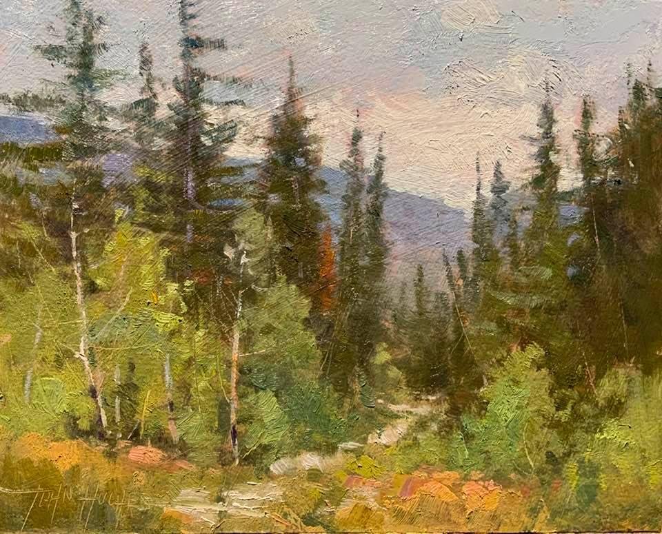 We had a nice rainstorm last night to relieve all of the heat. I drove up the Cottonwoods this morning to capture a peaceful mood and some cool air. Was not disappointed in the solitude and beauty! 8 x 10 oil