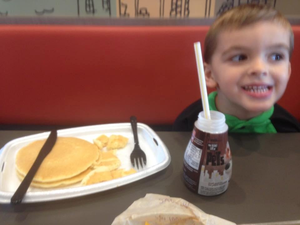 Joey eating his breakfast so off to toy store withgrammie