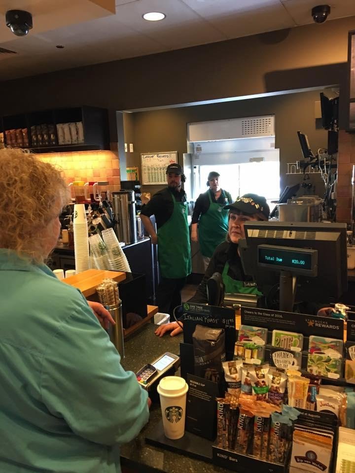 Matt started at his new home today
(Starbucks) in Bolingbrook, so I was working for a friend their so I stopped in so he'd have a family face to welcome him. He got my coffee and when I turned to go sit who is there, distr