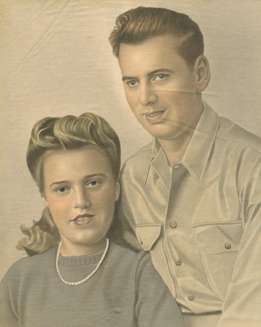 Mom and Dad; WW II. Army, Pacific Campaign. A painting, not a picture. Mom's front teeth were not that prominent.
