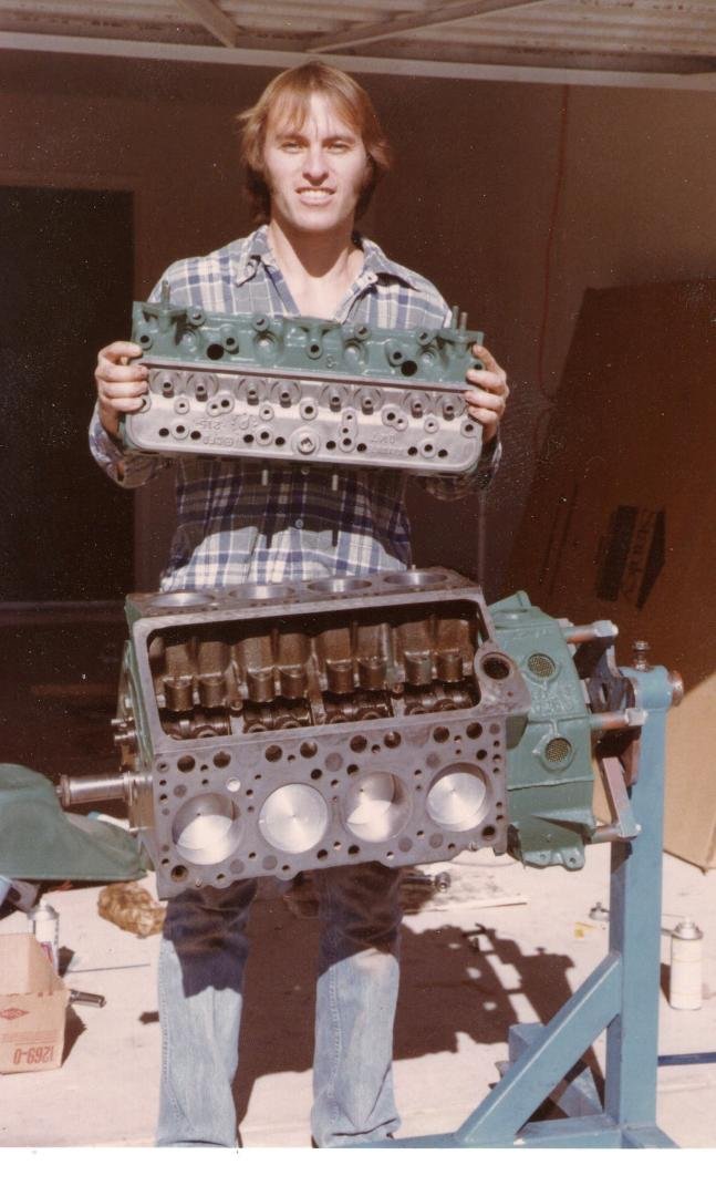 me and 1953 Olds 303 cu. in. V8 rebuild