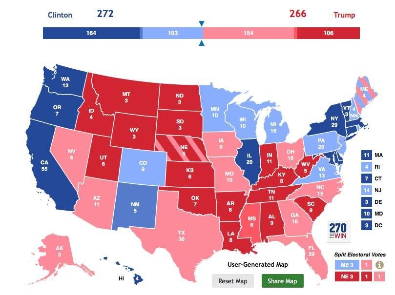 Here is the current electoral map. Clinton support has been slipping. 14 states are now considered battleground states.