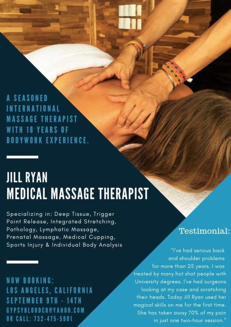 L.A. peeps, if you are wanting an incredible medical or relaxing massage, Jill Ryan, from Nosara will be in North Hollywood or she can come to you soon. Treat yourself! She is amazing!!!