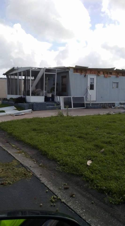 This is a picture of the damage to my home. My shed was blown away as well as the carport. Half of the roof to the lanai is gone and the lanai itself has been pulled up from the base.