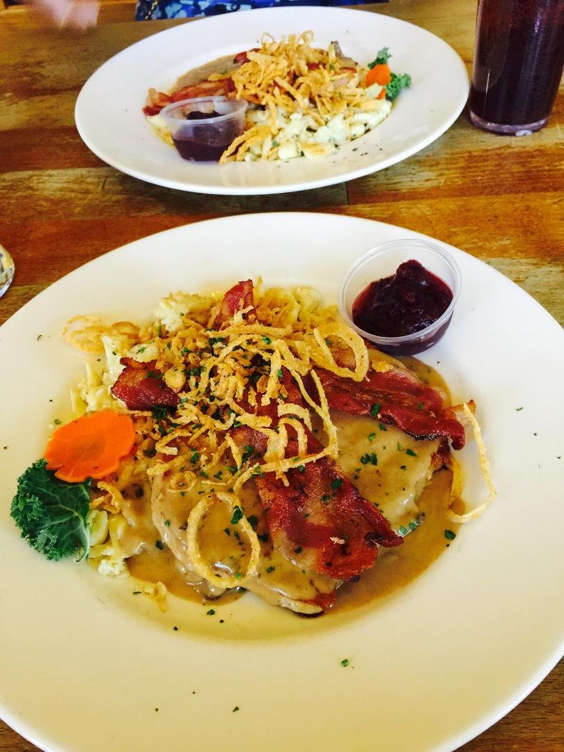 Today's lunch at The German Hofbrauhaus. It was Jagerschnitzel and Hefe Weizen beer.