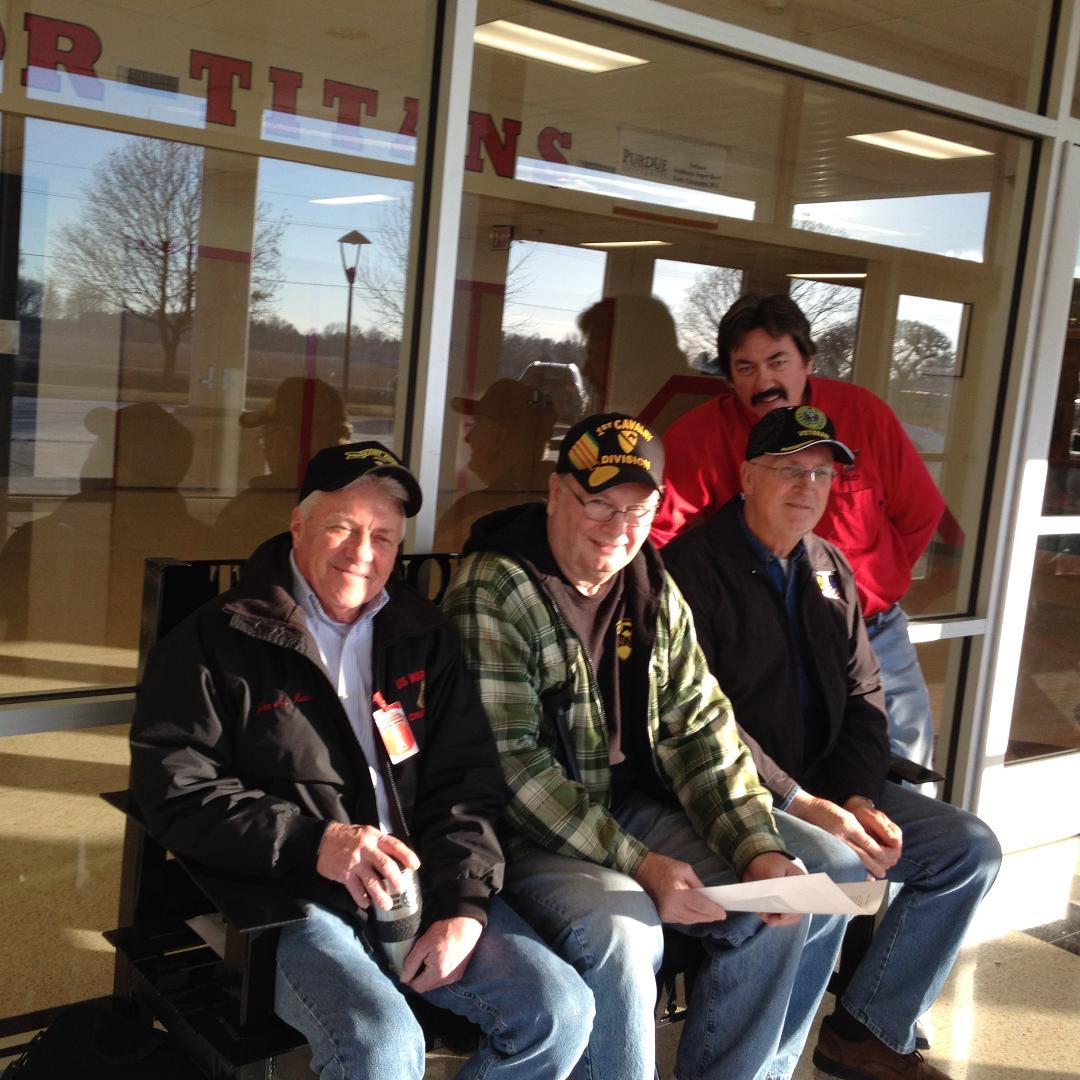 Welcome home to all my Vietnam Veteran Comrades! This pictures was taken a few years back but shows John Meek 101st, Ivan Mumaugh 1st Cav and Me Americal. Don Bennett, History Teacher at Taylor HS behind us. RIP Ivan we