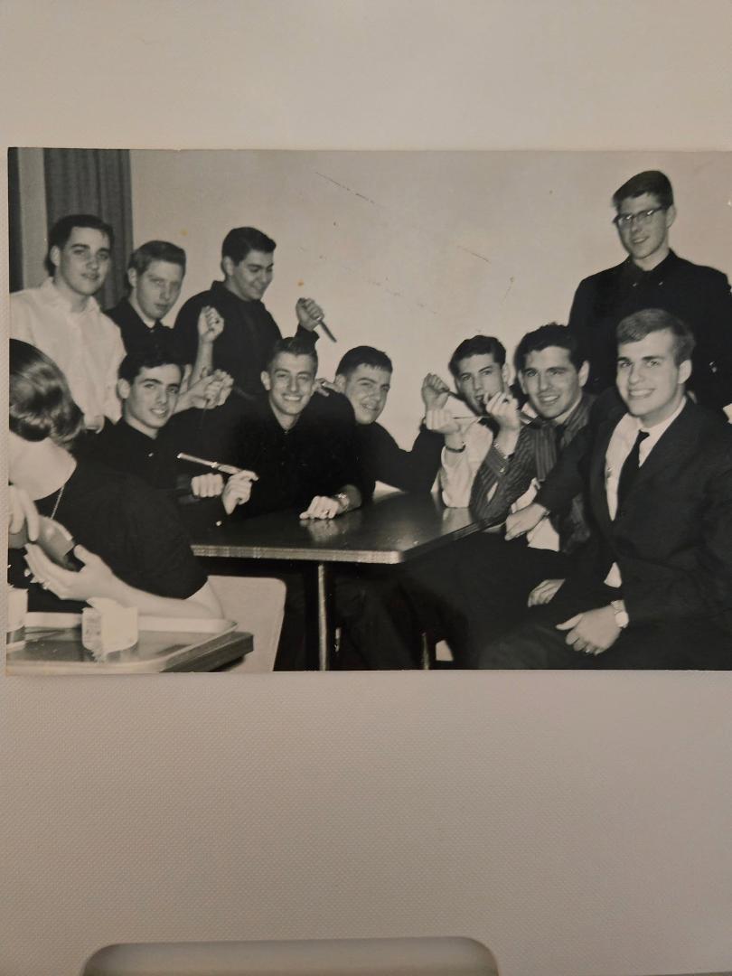 PMHS '63 Forum of the 12 Caesars. R to L Nick Scull, Jeff Cuzzi, Joe Pellino, Ned Easton, Steve Bratone, Steve LaSala, Chris Penn, Frank Thompson,Ed Fenlon, Eddie Troy, and perhaps Lucy Burnap's hair. Ray Pozzi was a founde