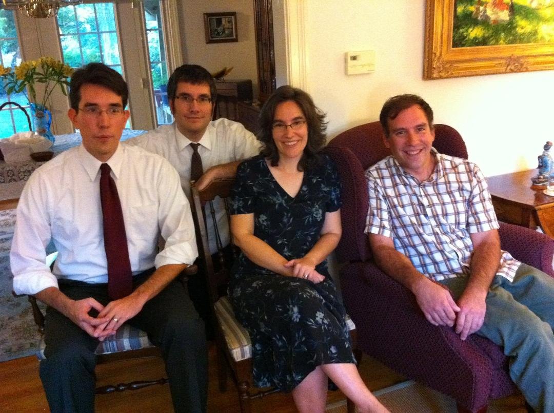 Photo of our four. Having them here yesterday was one of the many rewards of celebrating Eben Smith's life was. From left to right: Matt, David, Elizabeth and Paul. Birth order: Elizabeth, Paul, David, Matt.