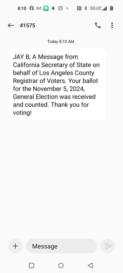 Official notice that I not only did my part, but it's also been counted by my community.

Good luck, my friends (especially those in states where the Electoral College make you more important than me).