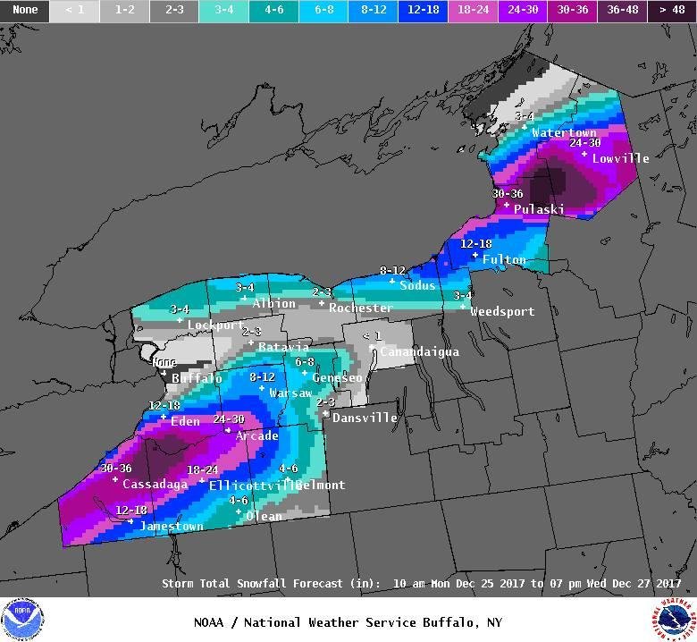 Snowing heavily now (visibility 1/8mi), but only expecting 5-8" as the snow band drifts south. Not like the Tug Hill (west of Lowville).