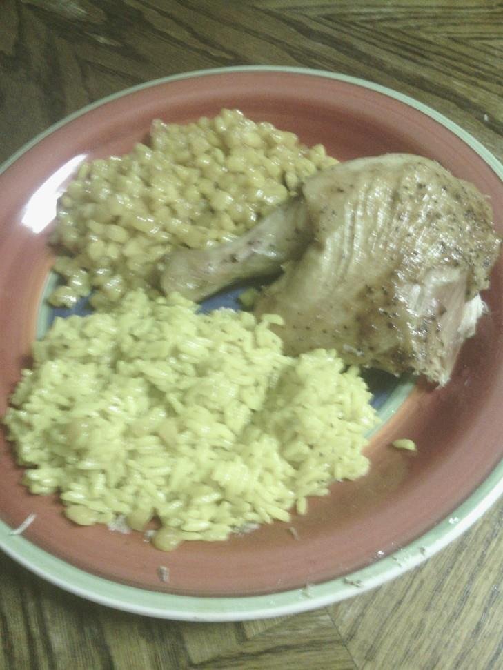 Baked chicken fried sweet corn yellow rice