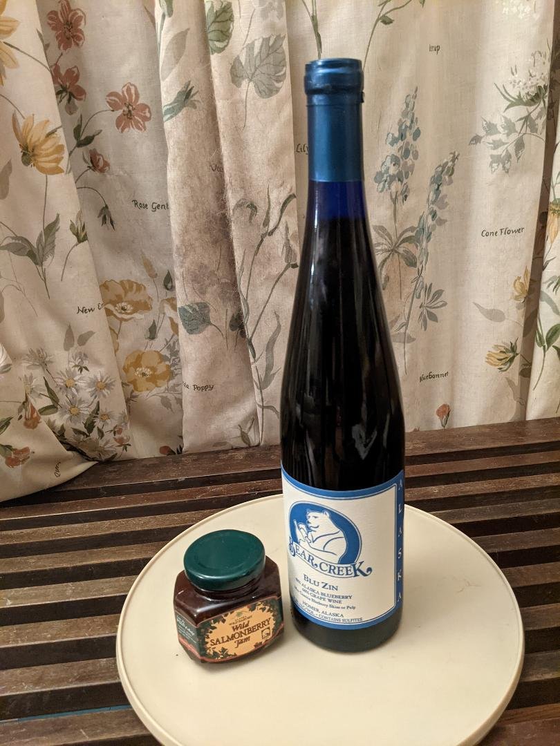Gift of Alaskan wine & jam from my daughter. Wine flavor is perfect-- no bitterness, not too sweet, not too dry. Making biscuits tomorrow for the jam