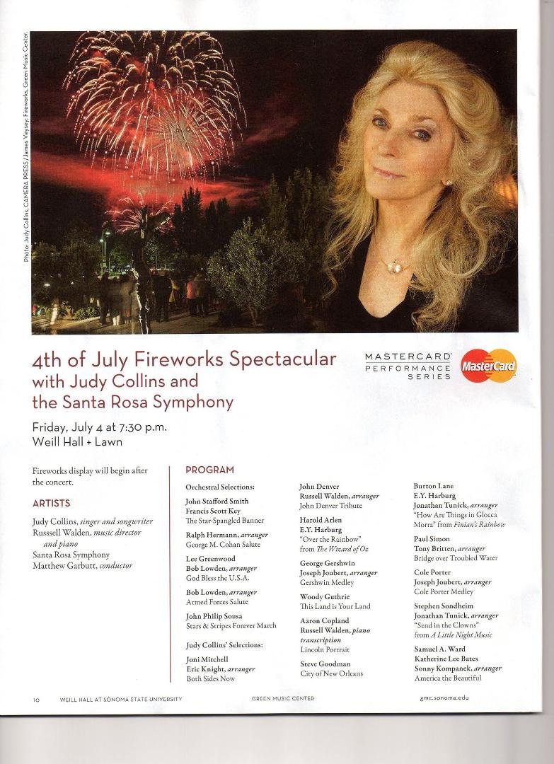I had a wonderful time with my brother Tim and sister Mary going to the July 4th Judy Collins Concert! We were not allowed to take pictures. It was so beautiful!! Weill Hall is incredible! Saw fireworks briefly afterwards!
