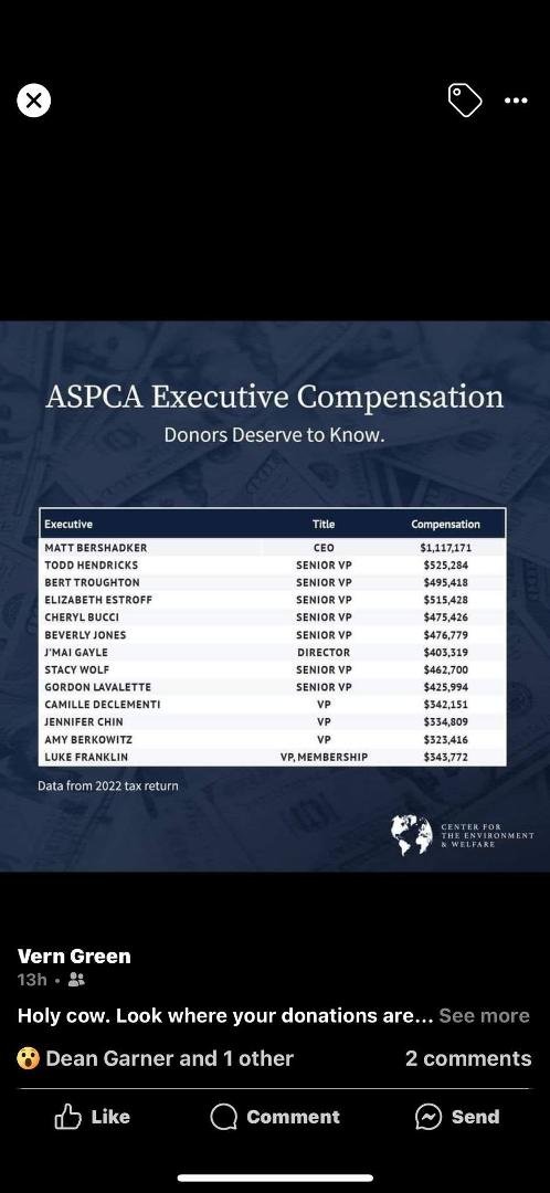 These salaries are ridicules! Shows they care more about their salaries than the animals they are supposed to be saving.