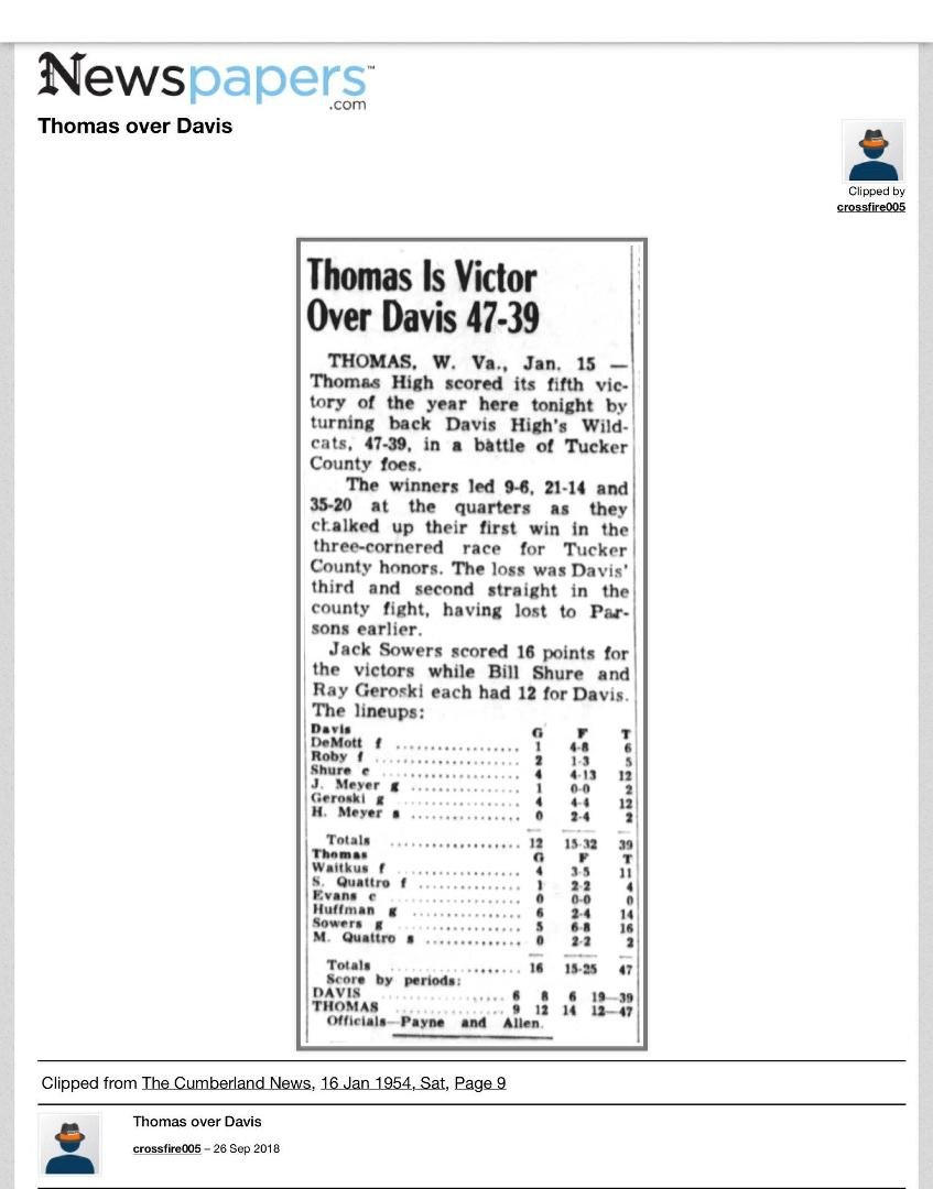 Thomas over Davis Basketball 1953