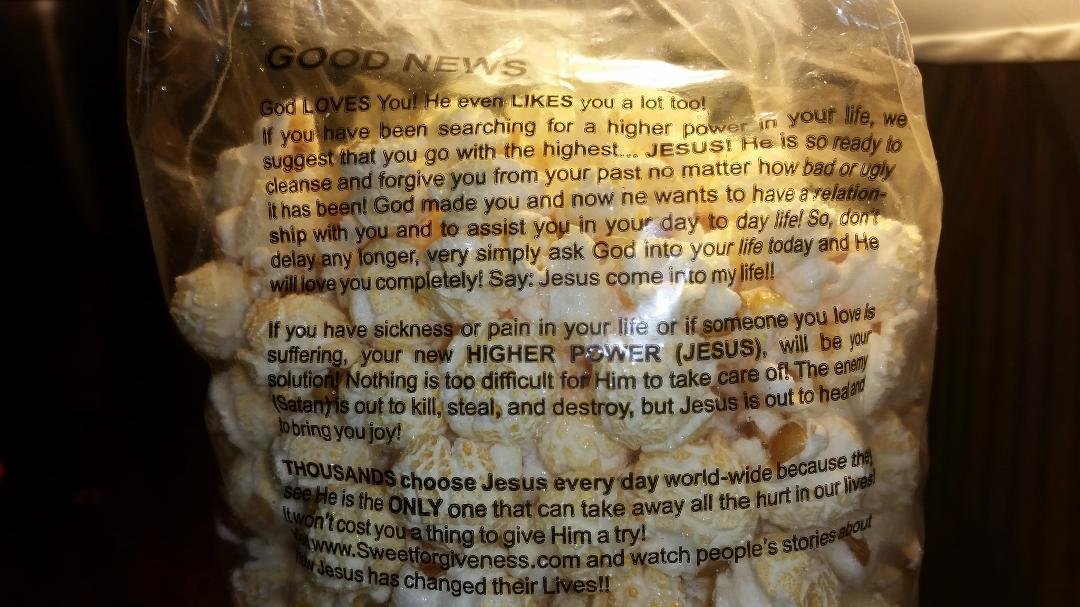The Good News On The Back Of Popcorn.
For more stories go to www.sweetforgiveness.com